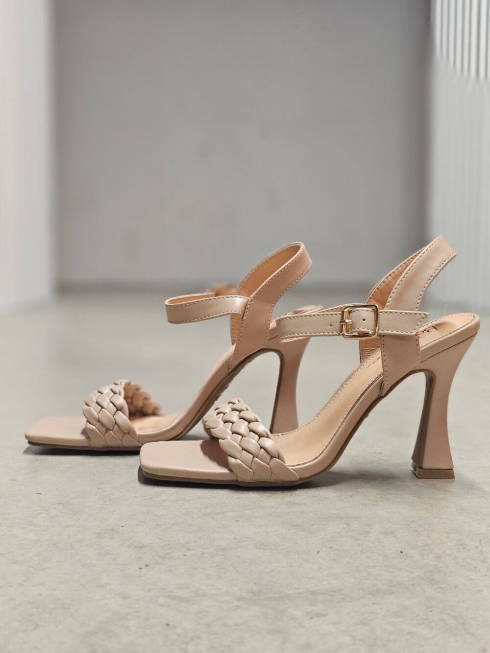 Braided Nude Heeled Sandals With Square Toe Design & Adjustable Ankle Strap - Picture 14 of 14